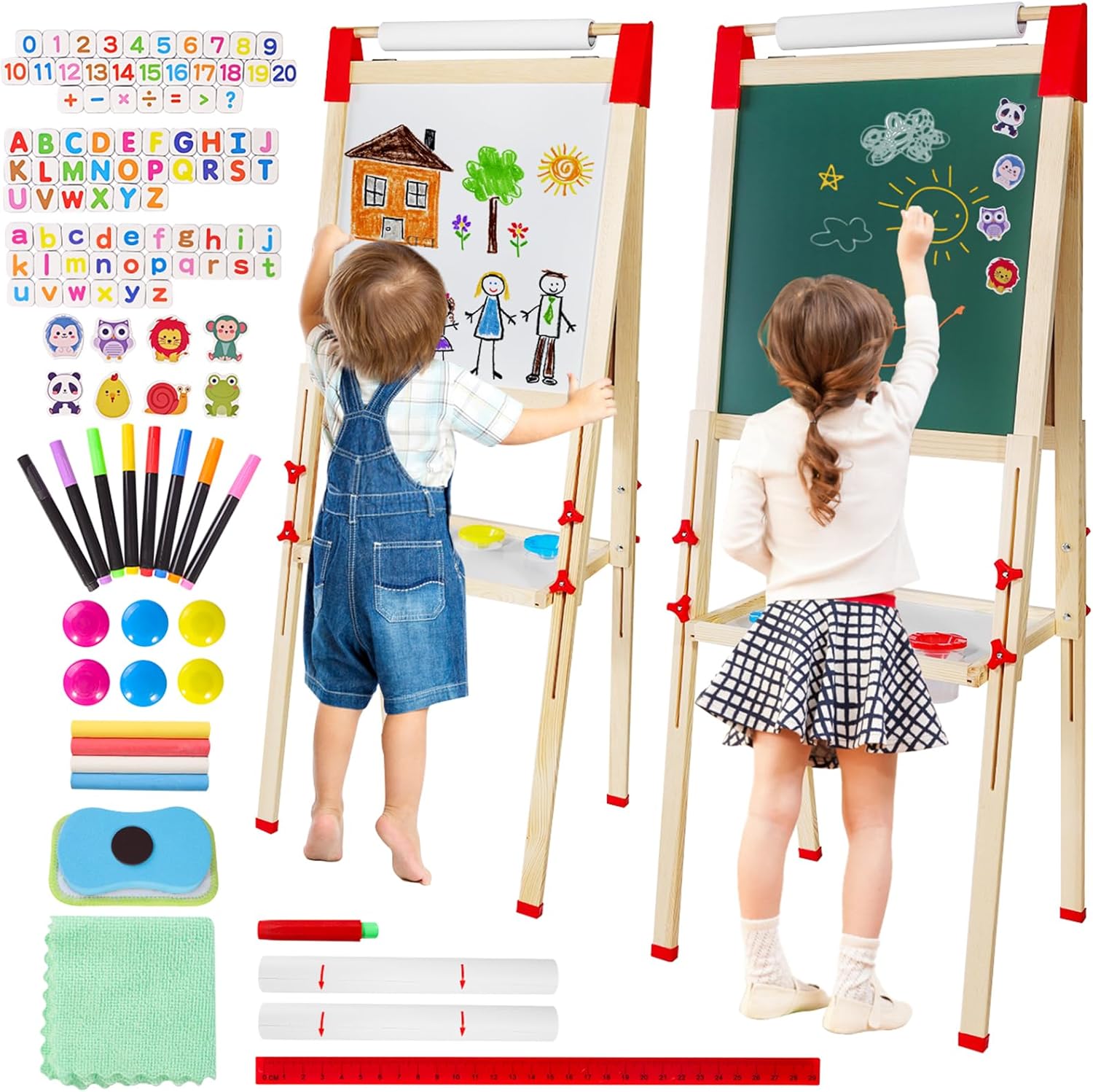 Kids Easel with Paper Roll Double-Sided Wooden Art Easel for Fun