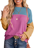 Dokotoo Womens Color Block Long Sleeve Crewneck Pullover - Casual Cozy