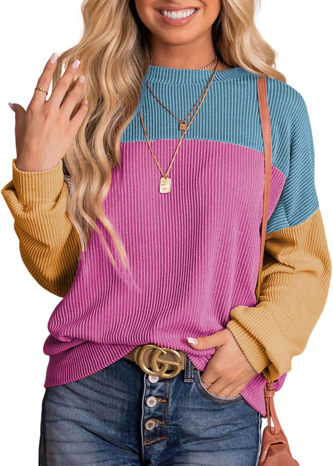 Dokotoo Womens Fashion Color Block Long Sleeve Pullover Tops