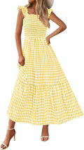 Womens Gingham Smocked Midi Dress - Lightweight Viscose Blend