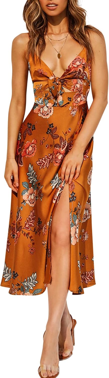 Fashionme Women Spaghetti Strap Midi Satin Dress for All Occasions