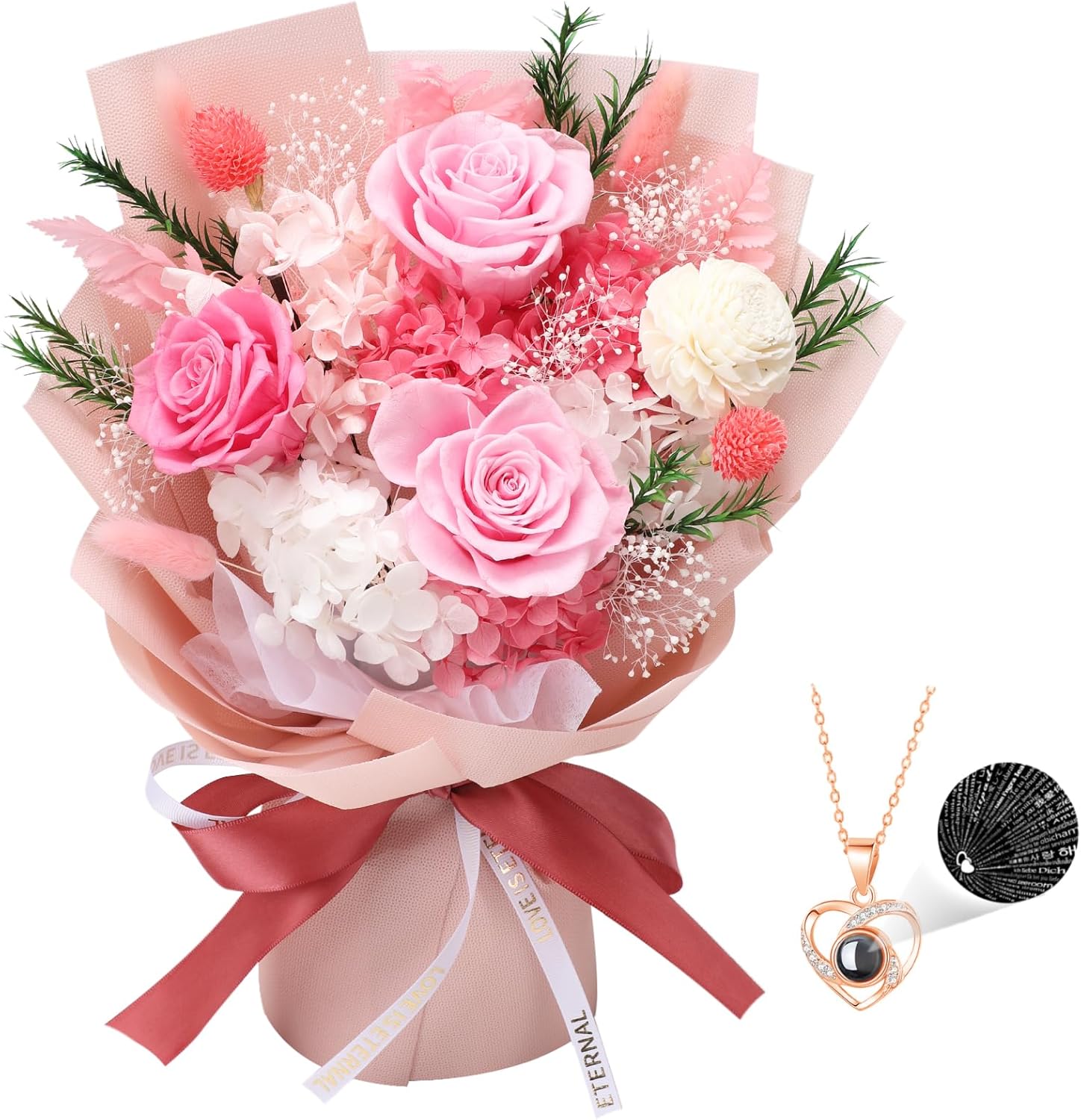 Forever Real Pink Flower Bouquets with Necklace for Gifts