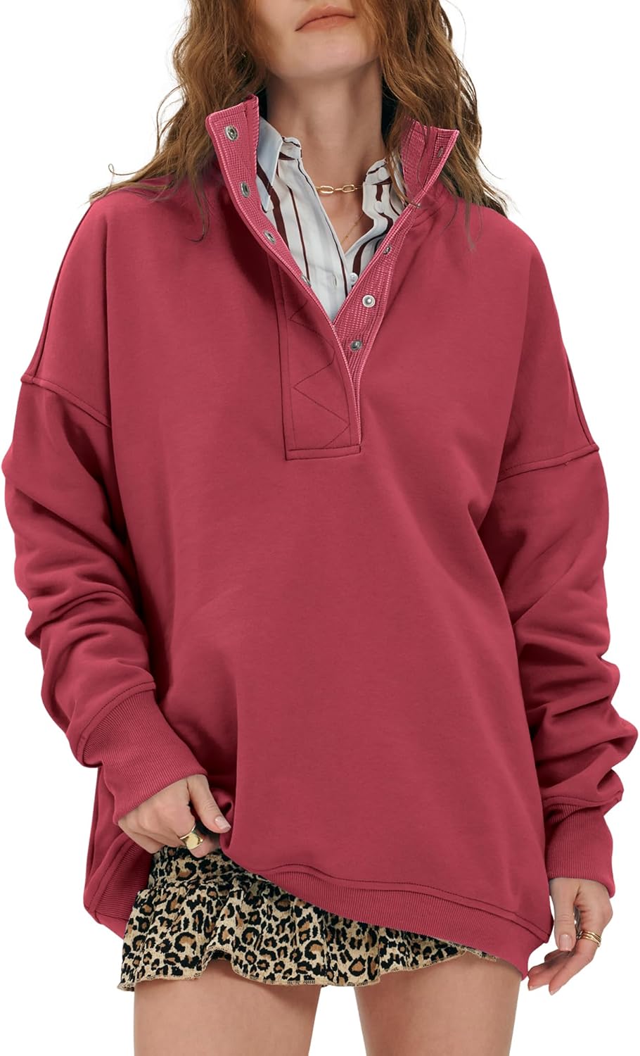 Locachy Womens Casual Button Henley Neck Oversized Sweatshirt