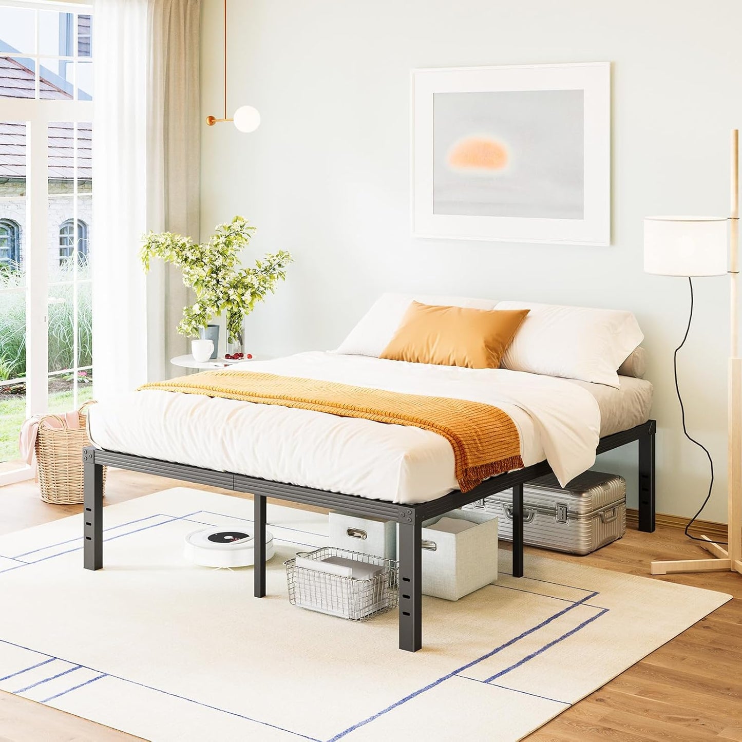 Queen Bed Frame with Reinforced Steel Slats for Stability
