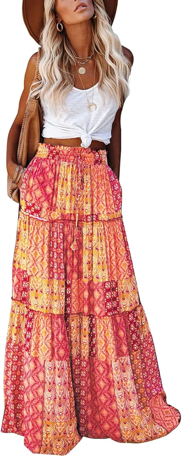 EARKOHA Womens Casual High Waist Tie Maxi Skirt with Pockets