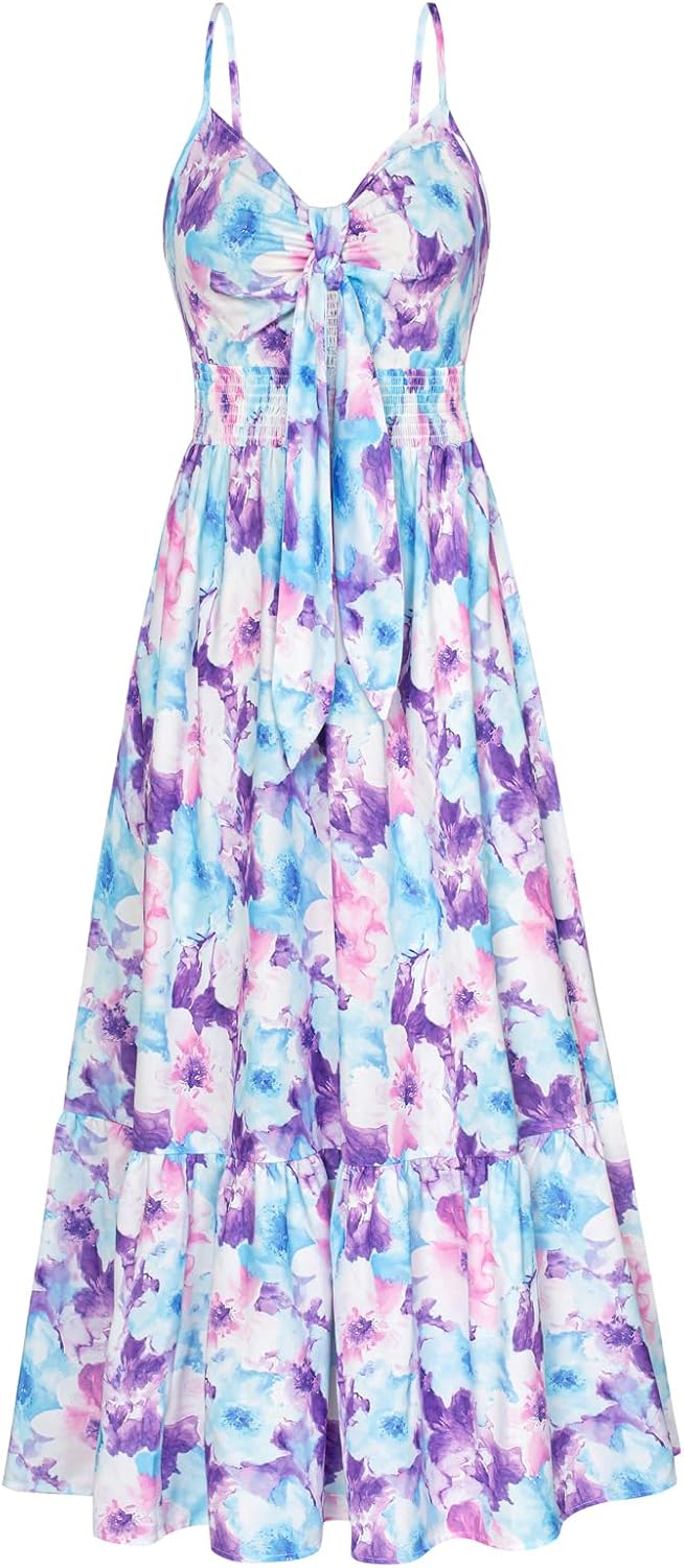 Summer Maxi Dress Floral Tie Front Casual Boho Beach Wear