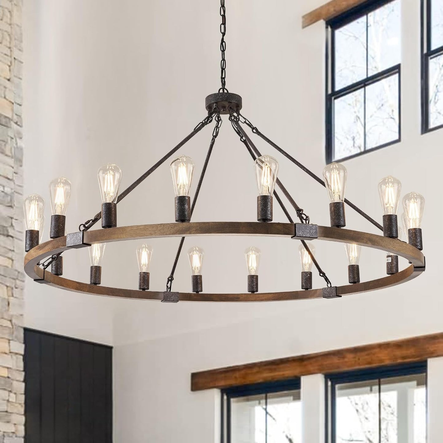 Farmhouse Wagon Wheel Chandelier 47in Black Rustic Light Fixture