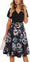 Women's Criss-Cross V Neck Fit and Flare Tea Dress with Pockets Work