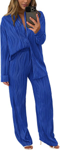 Women's 2 Piece Fall Set Wide Leg Pants and Button Down Shirt