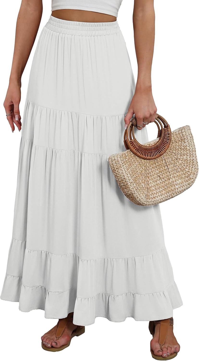 Womens Maxi Skirt Elastic High Waist A-line Flowy Pleated Style