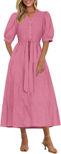 Summer Dresses for Women Elegant V Neck Ruffle A Line Belted