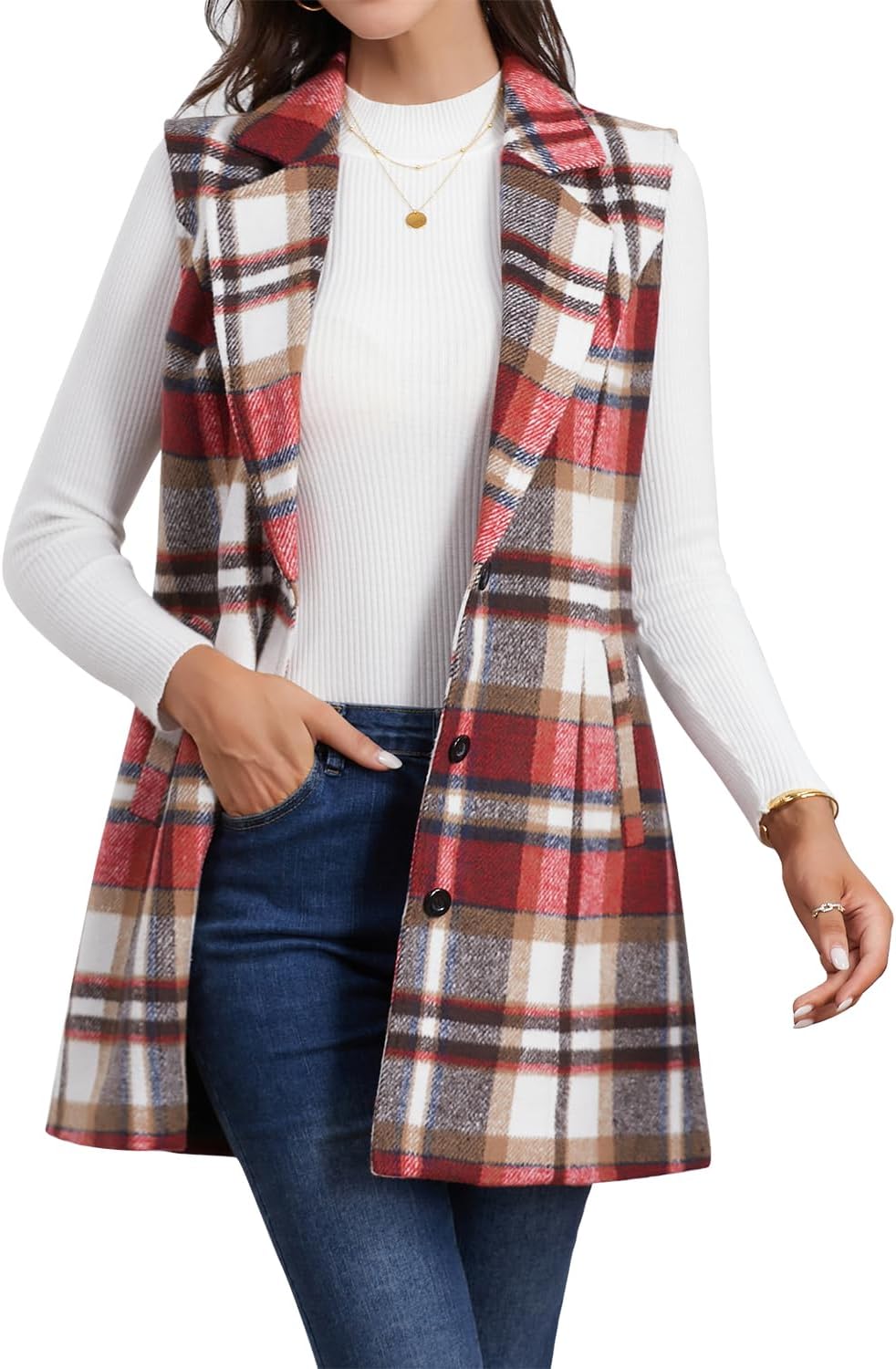 Plaid Vest for Women by IDEALSANXUN - Stylish Sleeveless Blazer