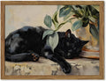 Framed Black Cat Canvas Wall Art - Cute Vintage Sleeping Cat Print