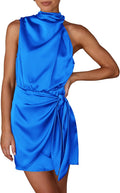 Women's Short Satin Mock Neck Tie Waist Dress - Summer Cocktail