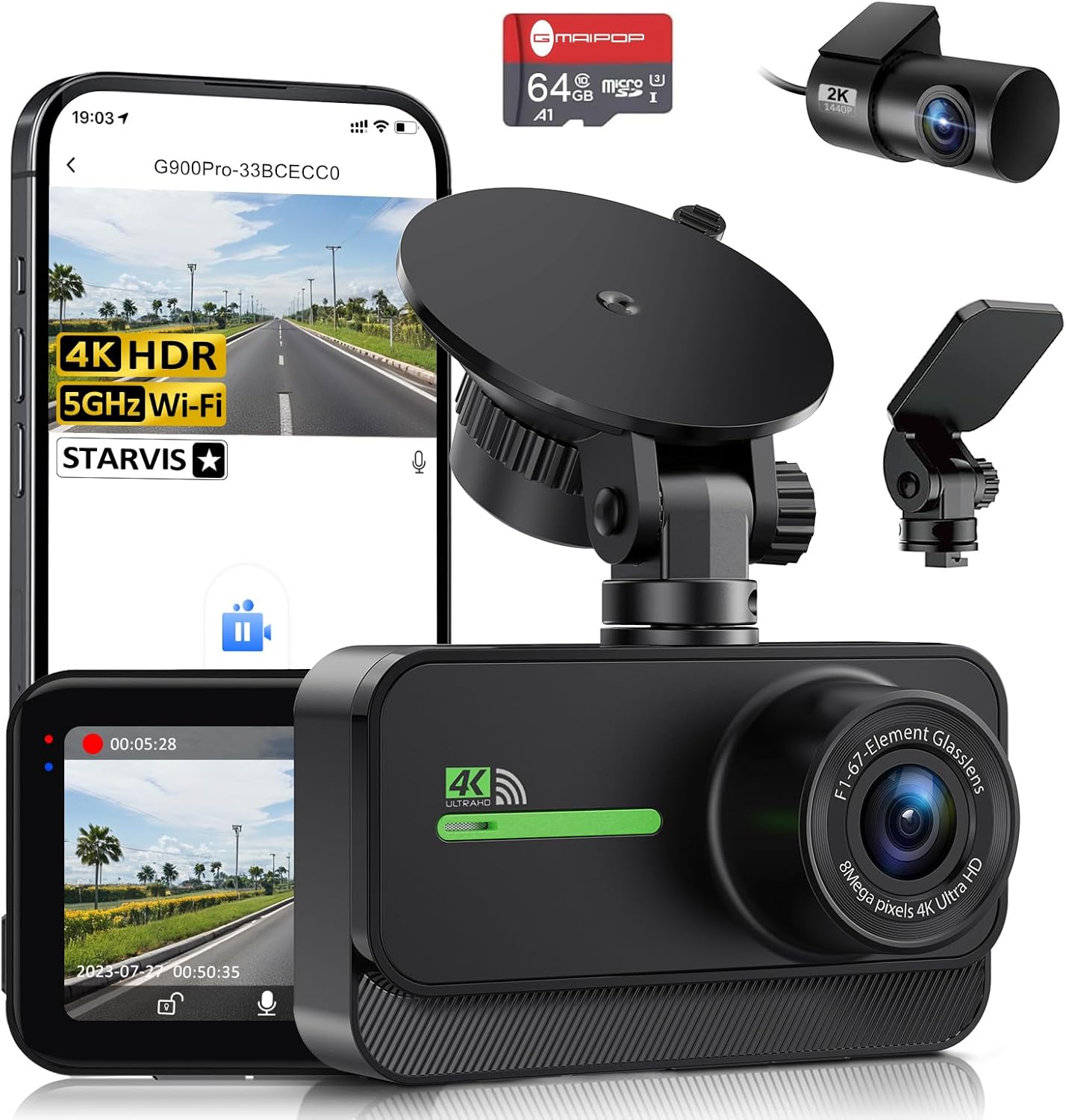 4K Dual Dash Cam with WiFi and Night Vision for Cars