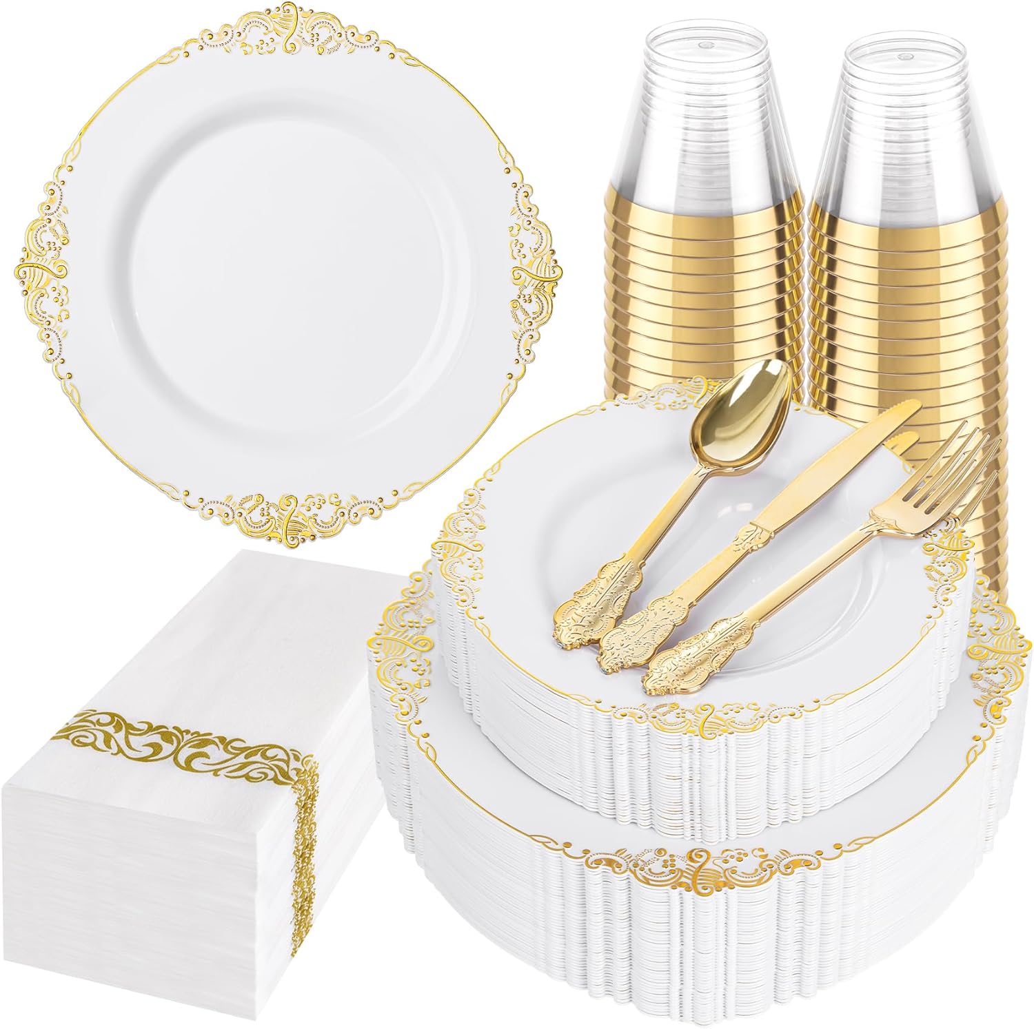 Elegant 175pcs White and Gold Plastic Plates for 25 Guests