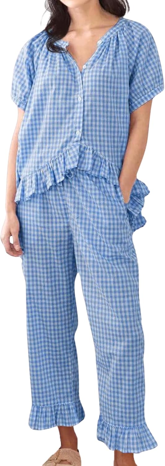 Womens Gingham Pajama Set for Cozy Sleep and Lounge Comfort