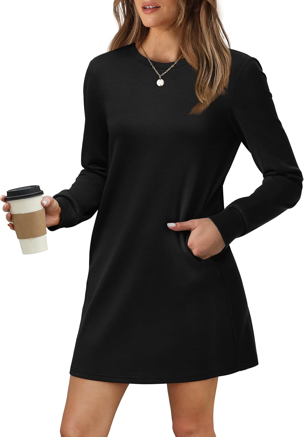 WIHOLL Long Sleeve Casual Mini Dress with Pockets for Women