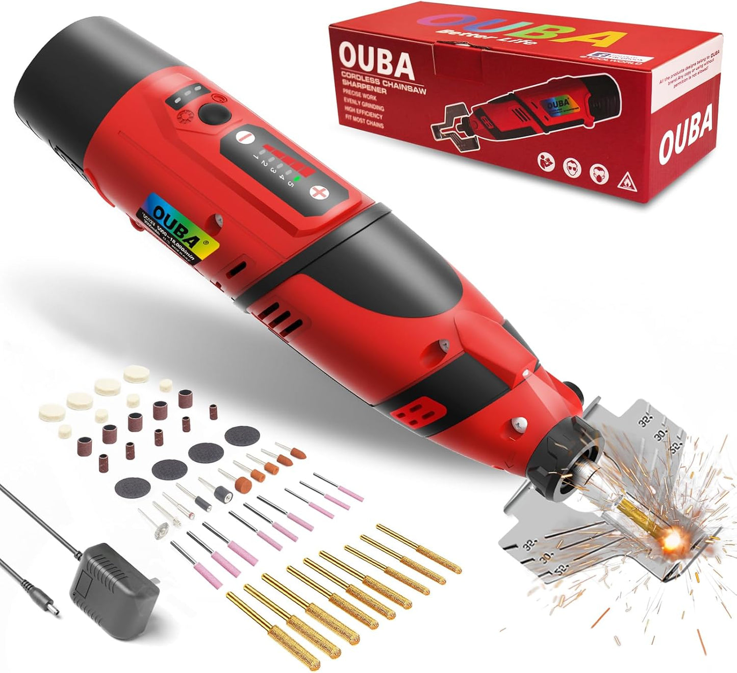 OUBA Cordless Chainsaw Sharpener Kit with 54 Accessories Included