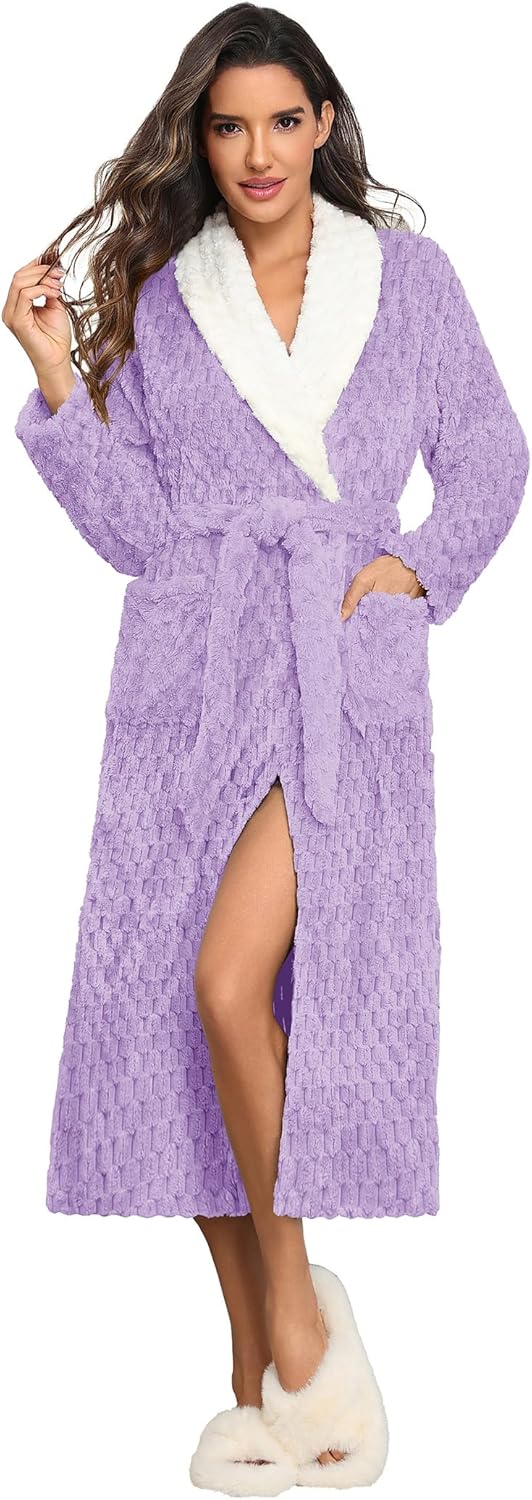 Ekouaer Women's Long Plush Soft Bathrobe with Pockets S-XXL