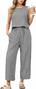 2 Piece Sets For Women Linen Blend Gingham Crop Top & Pants - Summer