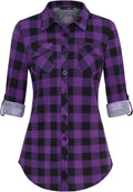 DJT Womens Soft Stretchy Knit Plaid Shirt Roll Up Long Sleeve