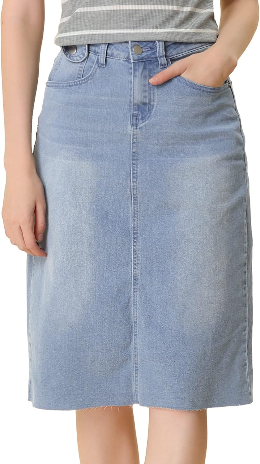 Allegra K Women's Casual Jean Skirt High Waist Back Slit Style
