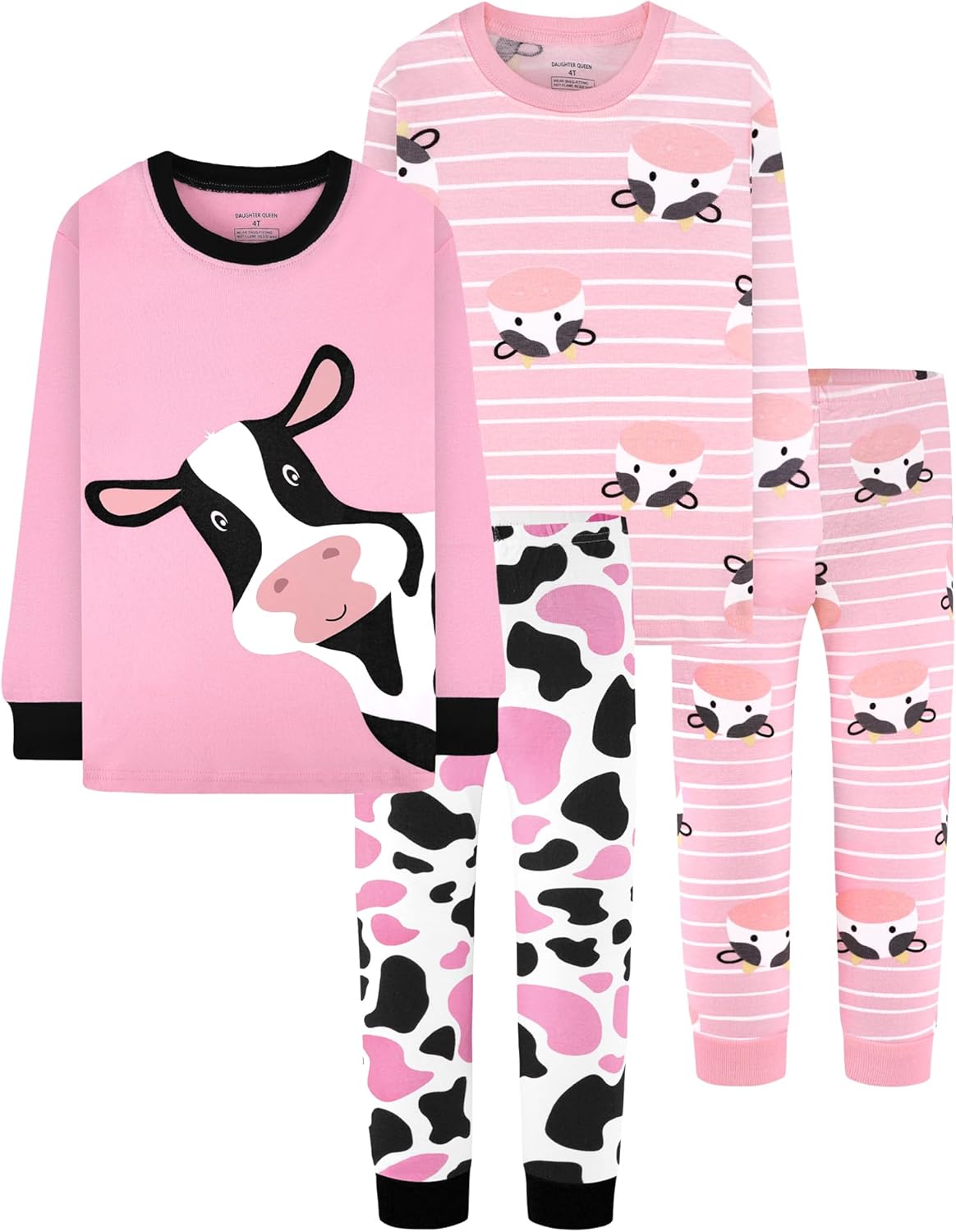 Girls 4 Pieces Cotton Pajamas Set for Ages 18 Months to 12 Years