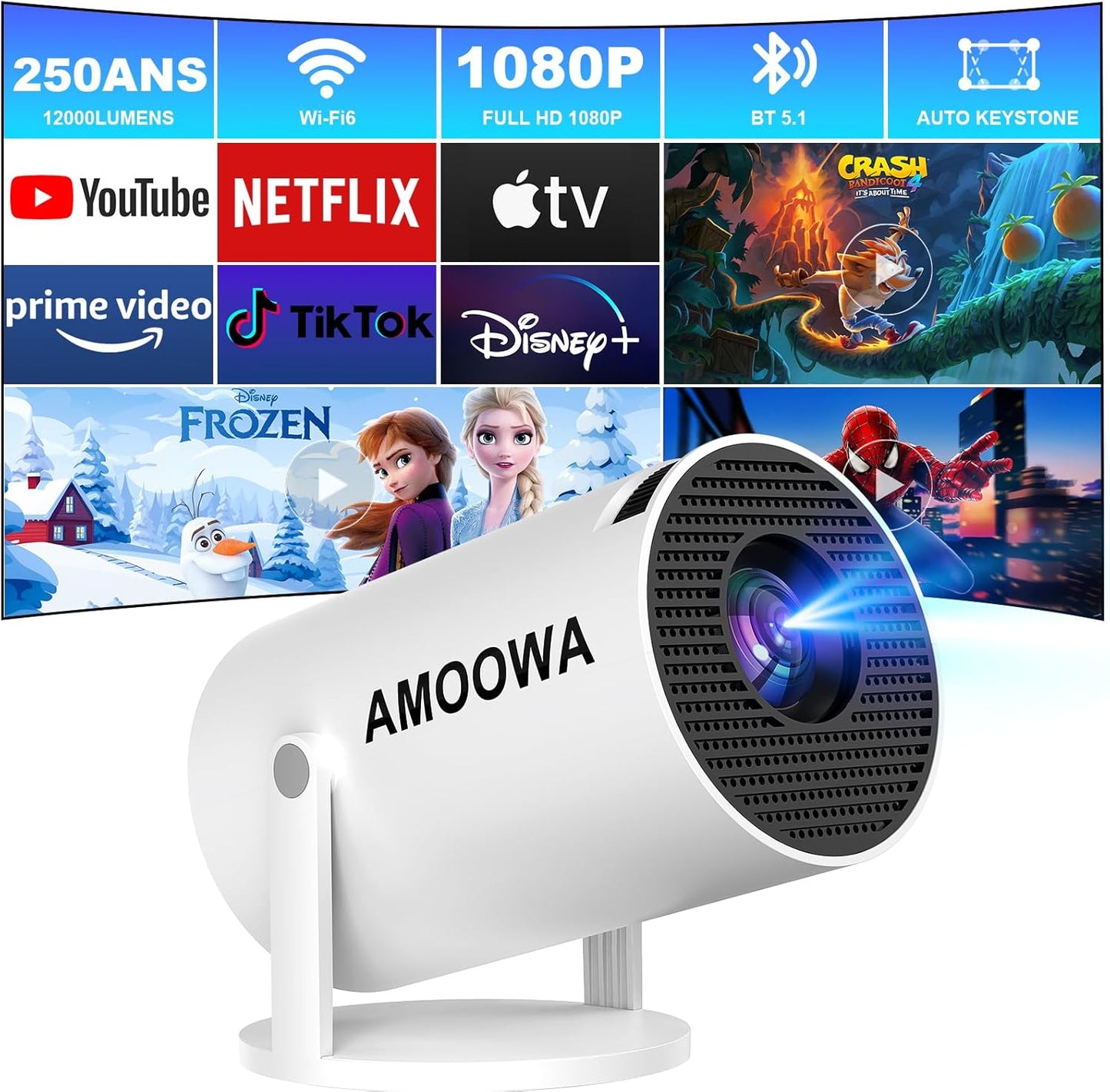 AMOOWA 4K Mini Projector: WiFi, Bluetooth, Android 11, Apps Built-in