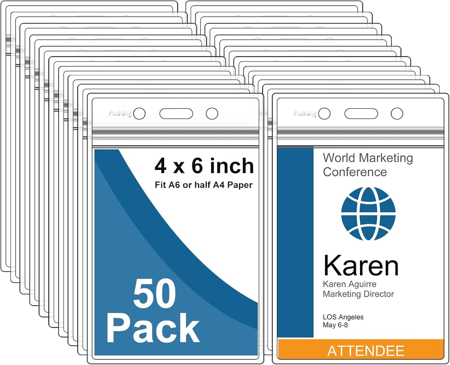 Fushing Pack of 50 Clear Plastic Vertical Badge Holders for Events