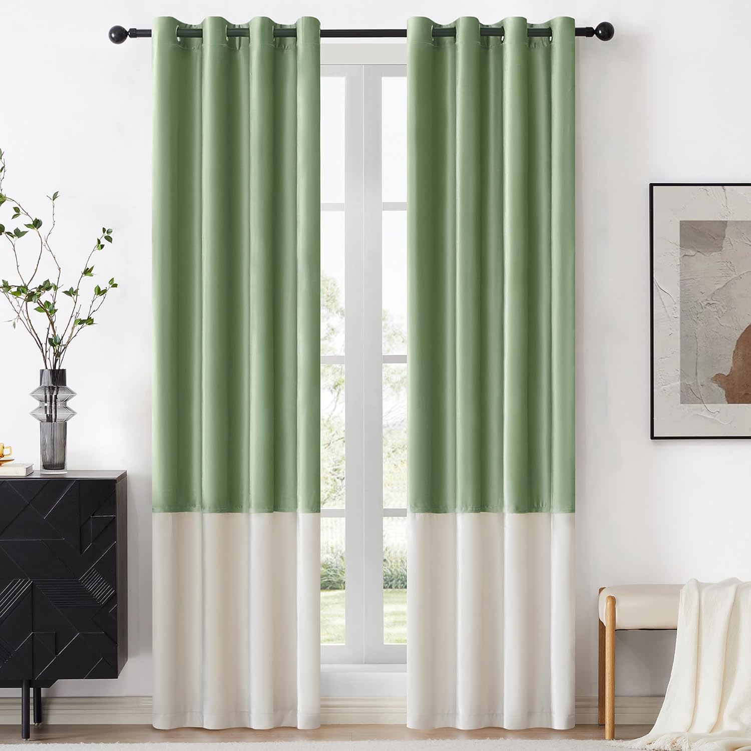 Sage Green Ivory Velvet Color Block Window Curtains Panels 102 in