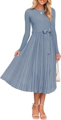 ZESICA Women's Fall Long Sleeve Midi Dress - Flowy Pleated Knit Midi