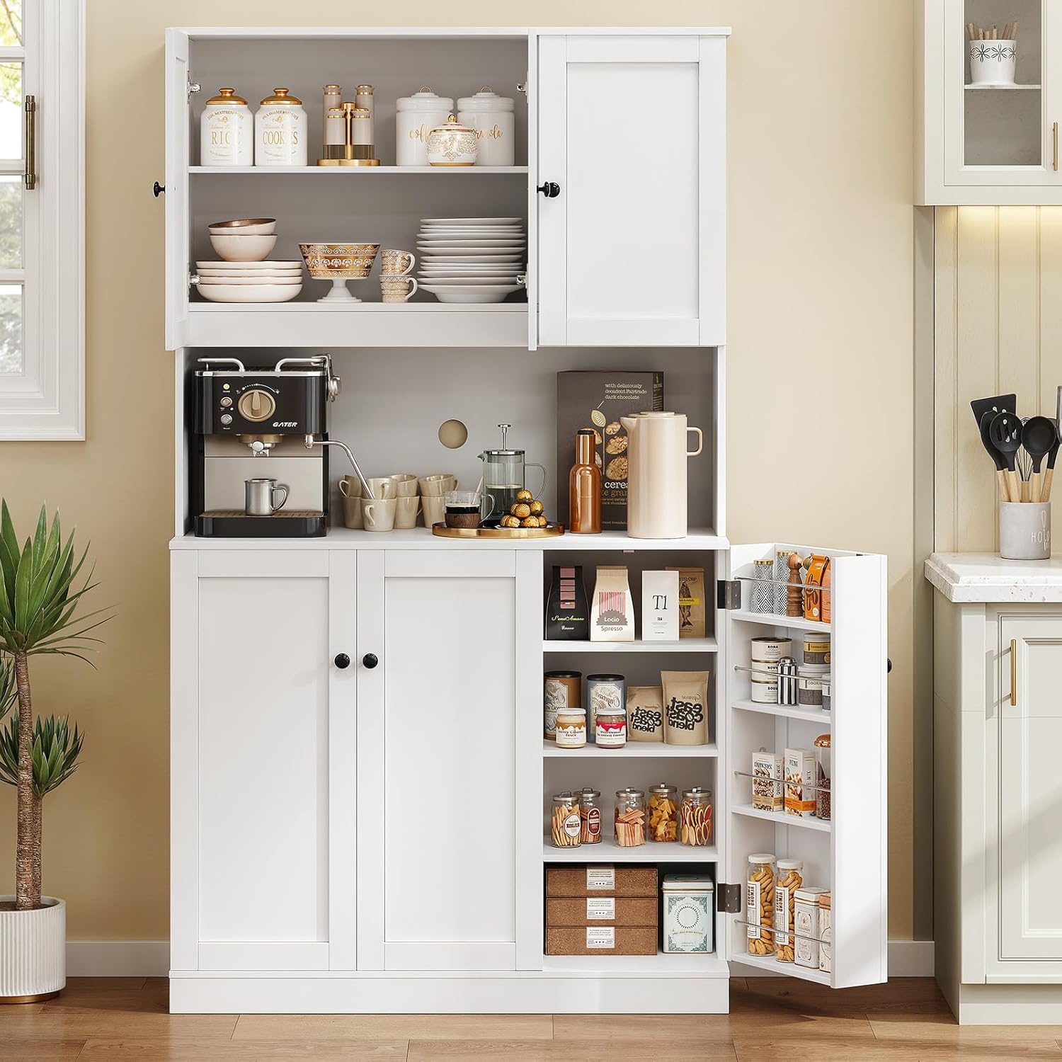 Modern White Kitchen Pantry with Mic Stand & Hutch