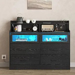 Vabches Black 6 Drawer Dresser with LED Lights and Charging Station