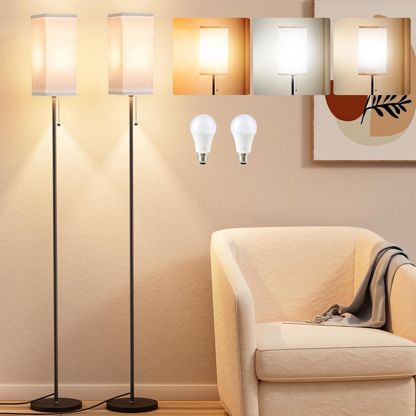 Tall Floor Lamp Set of 2 with Linen Shade and LED Bulbs