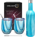 Stainless Steel Wine Tumblers 2 Pack & Insulated Bottle - Ocean Marble