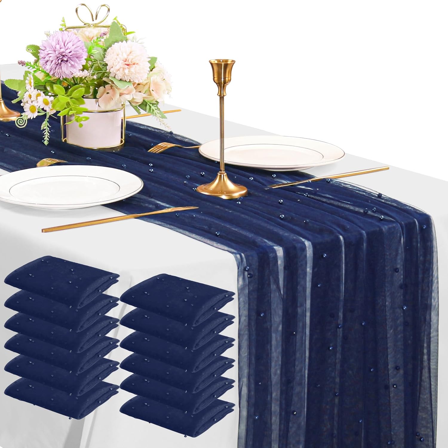 Elegant 12 Pack 10FT Navy Blue Pearl Table Runners for Events