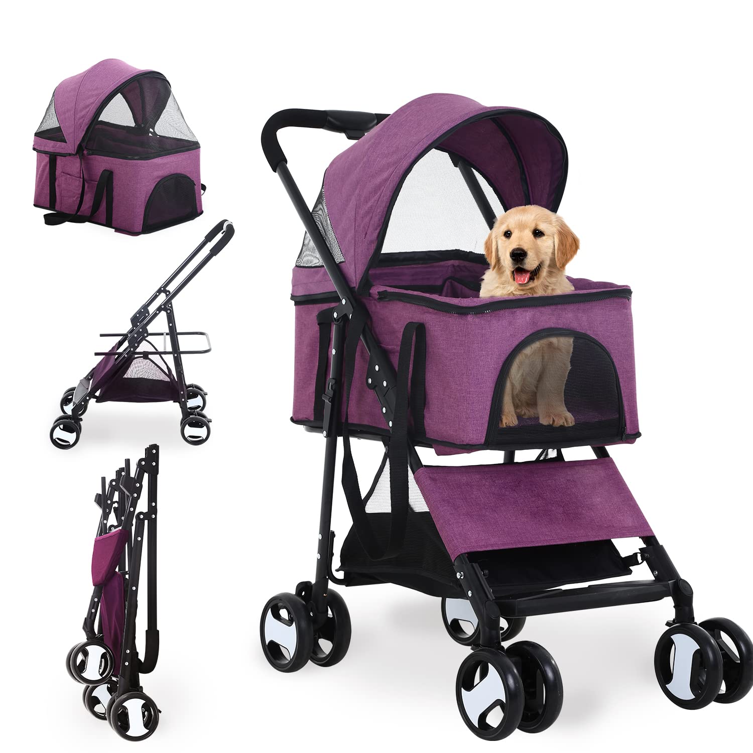 3-in-1 Folding Dog Stroller for Small Dogs and Cats in Purple