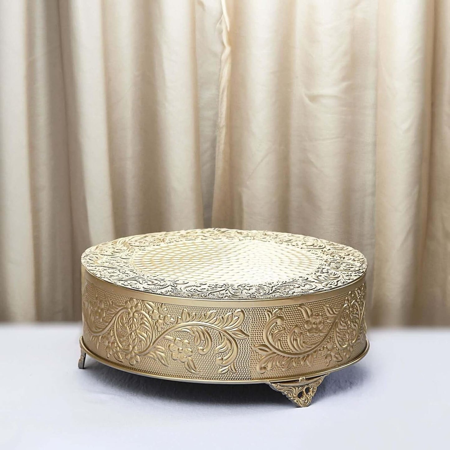 Elegant 14 Inch Gold Round Embossed Metal Cake Stand Riser