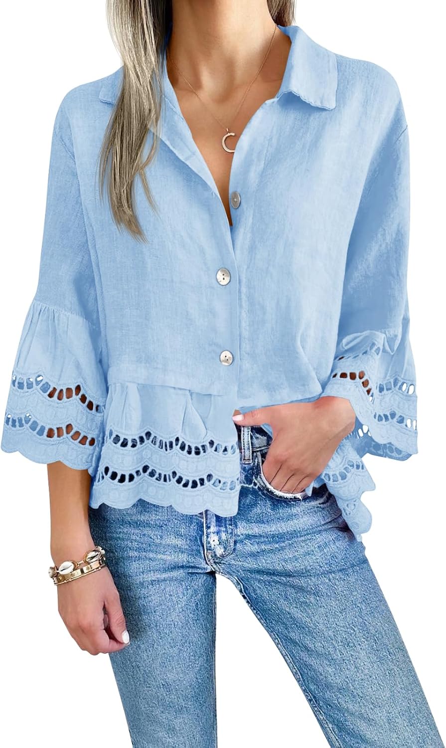 Cicy Bell Womens 3/4 Sleeve Button Down Blouse for Casual Style