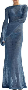 Saodimallsu Crochet Cover Ups Long Sleeve Beach Maxi Dress - Sexy Mesh