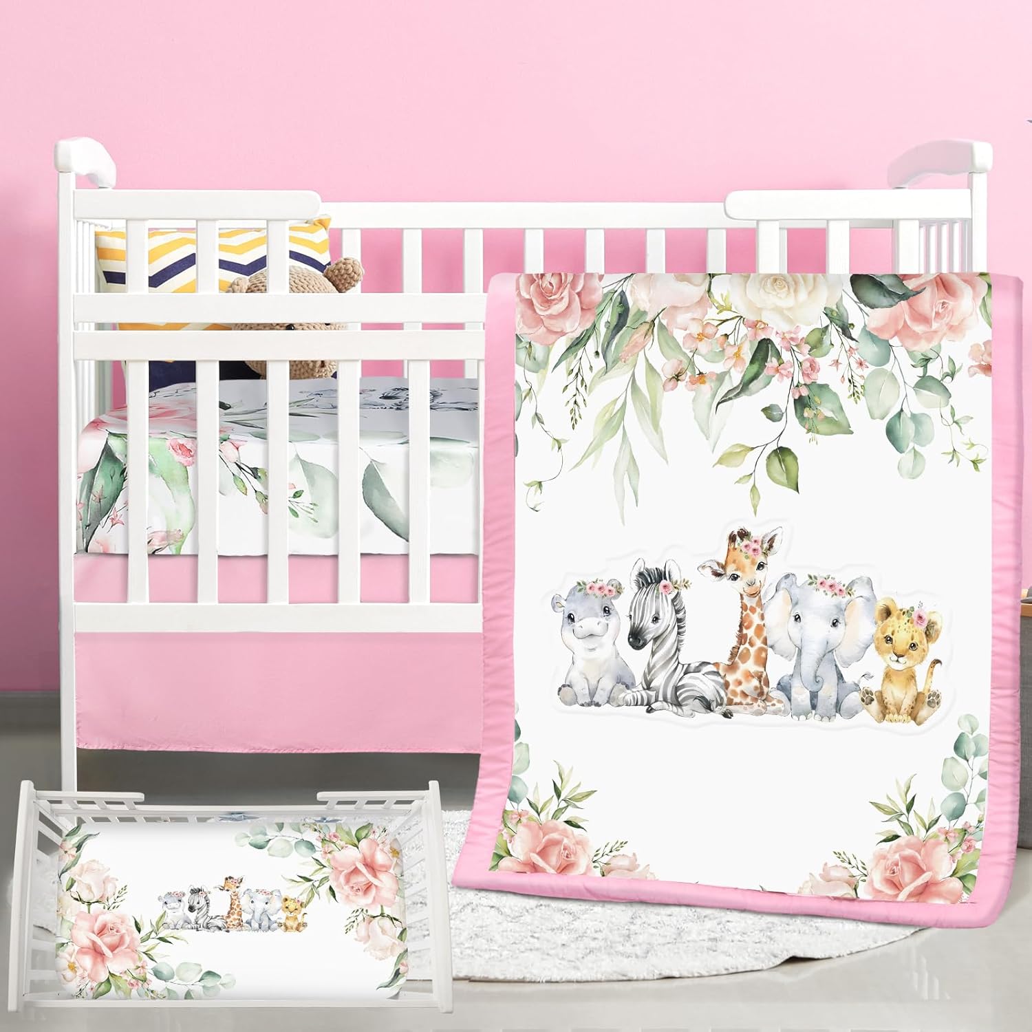 3 Pcs Baby Crib Bedding Set with Safari Animals for Nursery