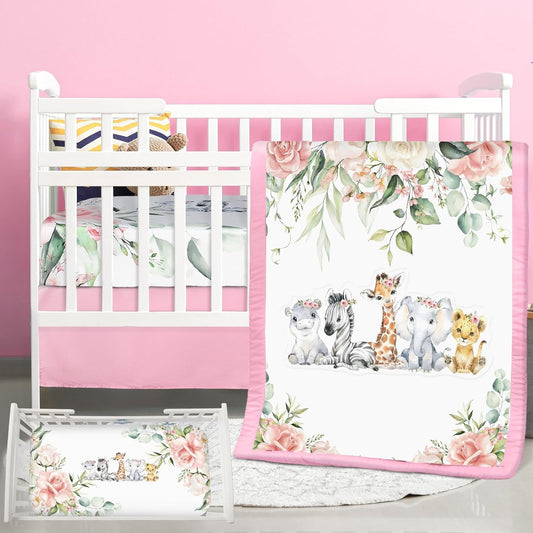 3 Pcs Baby Crib Bedding Set with Safari Animals for Nursery