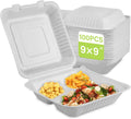 9x9 Clamshell Food Containers 100 Pack - Compostable 3-Compartment