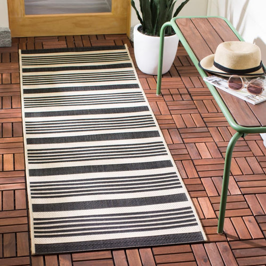 SAFAVIEH Courtyard Collection 2ft 3in x 10ft Black/Bone Runner Rug