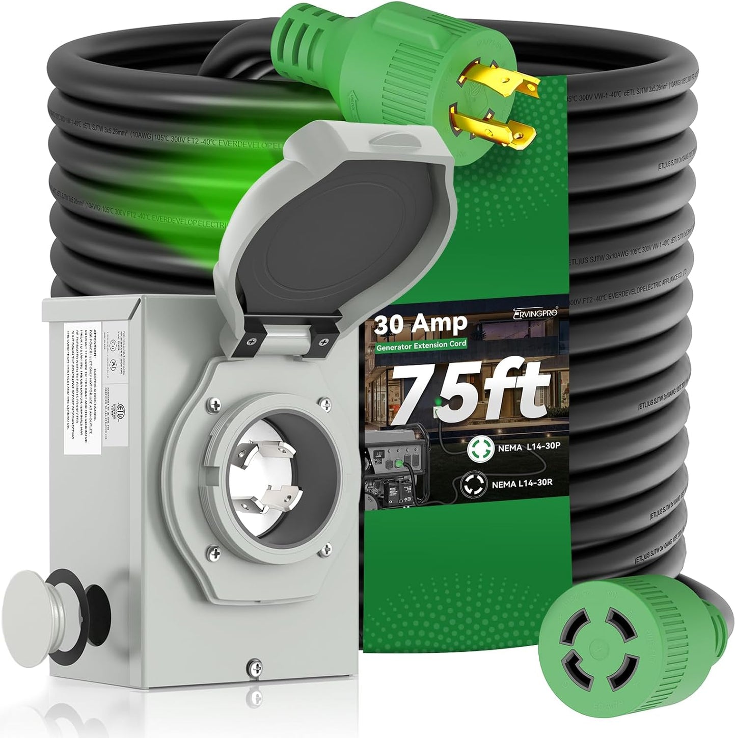 30 Amp Generator Cord 75FT with Pre-Drilled Inlet Box Kit