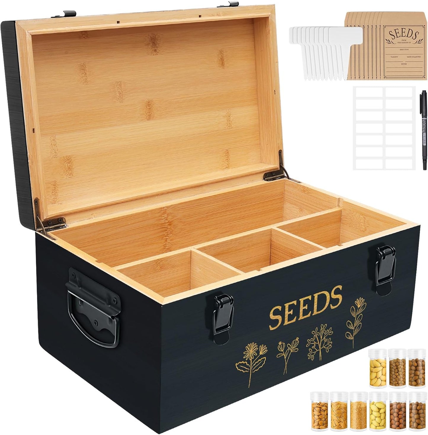 Large Bamboo Wood Seed Storage Organizer Box for Gardeners