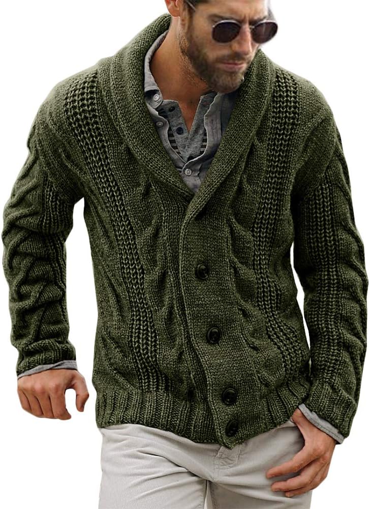 Mens Cable Knit Cardigan Sweater with Shawl Collar for Comfort