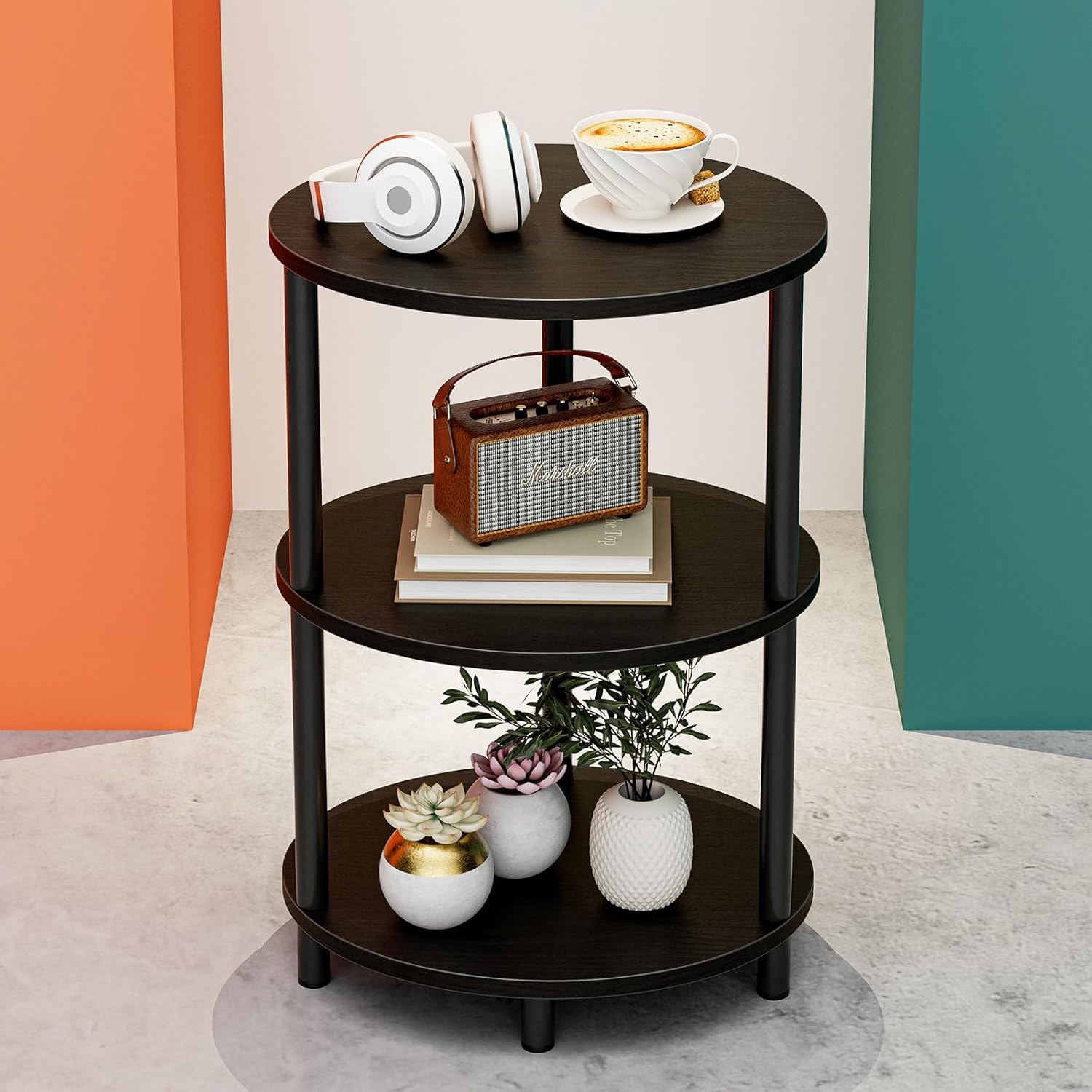 Small Round Side Table by RISWER - Rustic 3-Tier Design