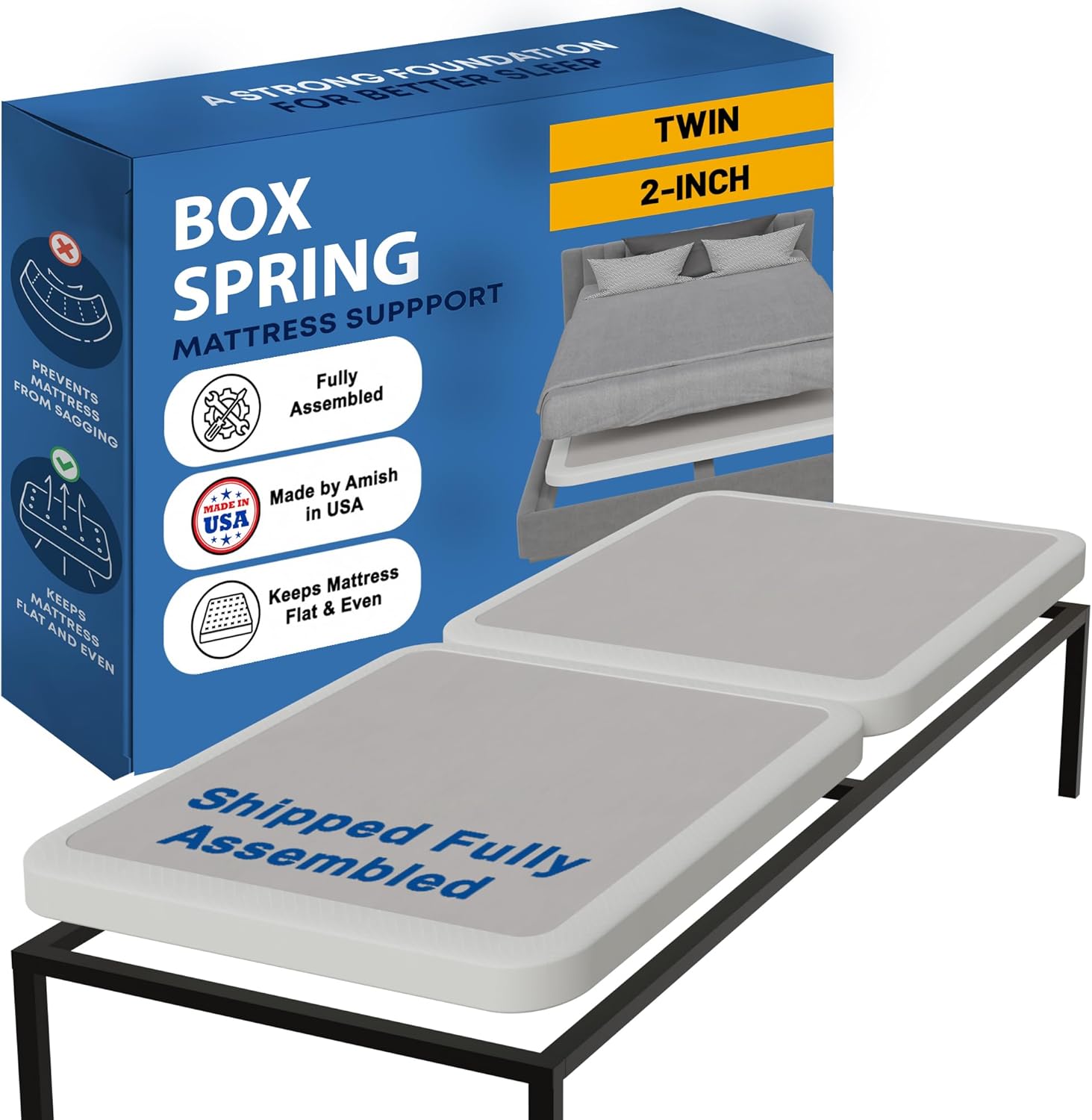 Greaton Twin Size Box Spring Bed Base, Fully Assembled & Quiet